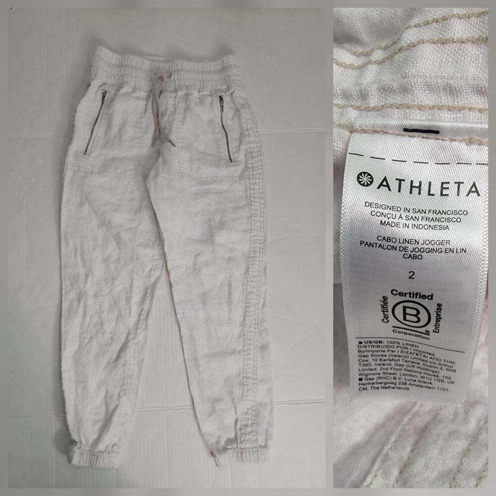 Athleta Cabo Linen Joggers Pants SZ 2 Animal Print Coastal Beachy Pull On